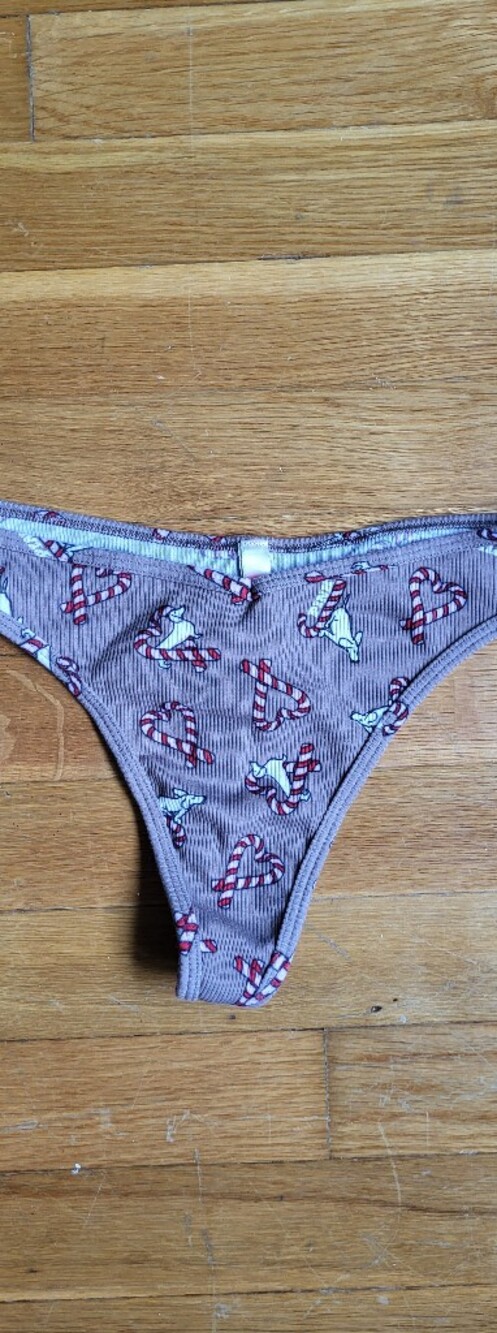 PINK Victoria's Secret Ribbed Thong Christmas Candy Cane Dog Print